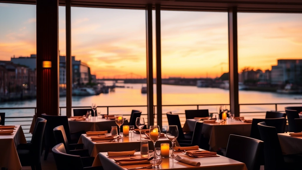 Waterfront dining room at sunset with floor-to-ceiling windows, candlelit tables, blurred river view background, sophisticated ambiance
