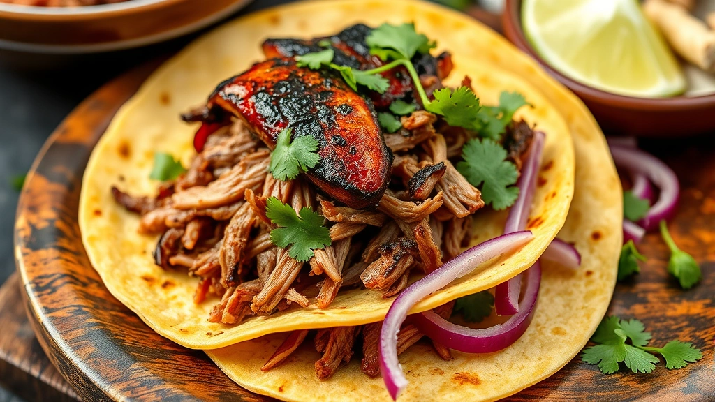 Slow-roasted cochinita pibil pork with mahogany exterior, shredded texture, served on warm corn tortillas with pickled red onions and fresh cilantro on rustic plate