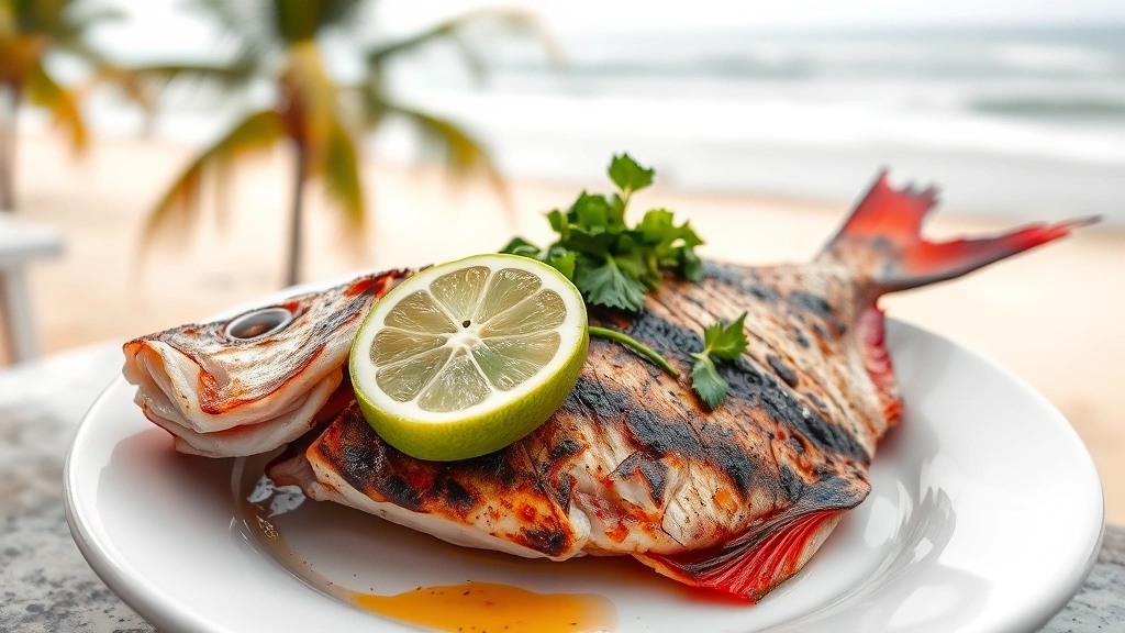 Whole grilled red snapper on white plate, charred skin glistening, topped with lime wedge and fresh herbs, served beachside with ocean and palm trees softly blurred behind