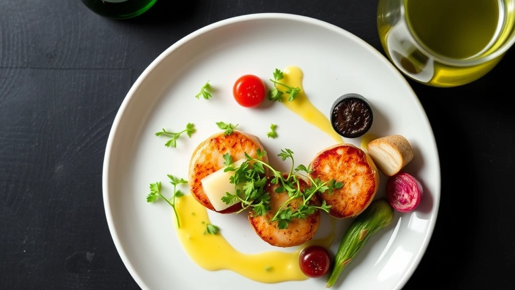 Overhead view of perfectly plated pan-seared scallops with vibrant microgreens, lemon beurre blanc drizzle, and seasonal vegetables on white plate against dark background