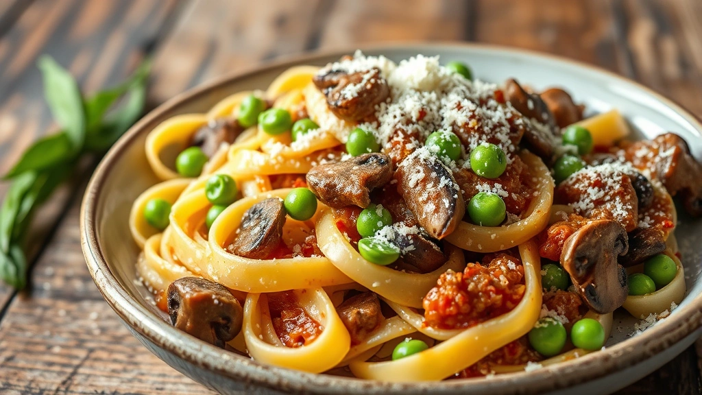 Close-up of handmade pappardelle pasta ribbons coated in rich wild mushroom ragù with fresh peas and grated cheese, steam rising, rustic wooden table surface