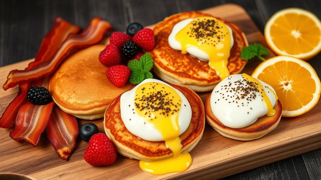 Artistic composition of gourmet breakfast spread featuring golden-brown pancakes with fresh berries, crispy bacon strips, poached eggs with hollandaise, and fresh citrus garnish on wooden board