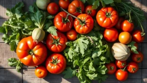 Overhead view of fresh heirloom tomatoes, mixed salad greens, and seasonal vegetables arranged on weathered wooden surface, morning sunlight creating soft shadows, rustic farm aesthetic