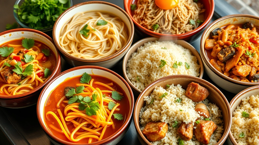 Vibrant bowls of international cuisine including Asian noodles, Latin American rice dishes, and European preparations with fresh herbs, steam rising, diverse culinary styles displayed