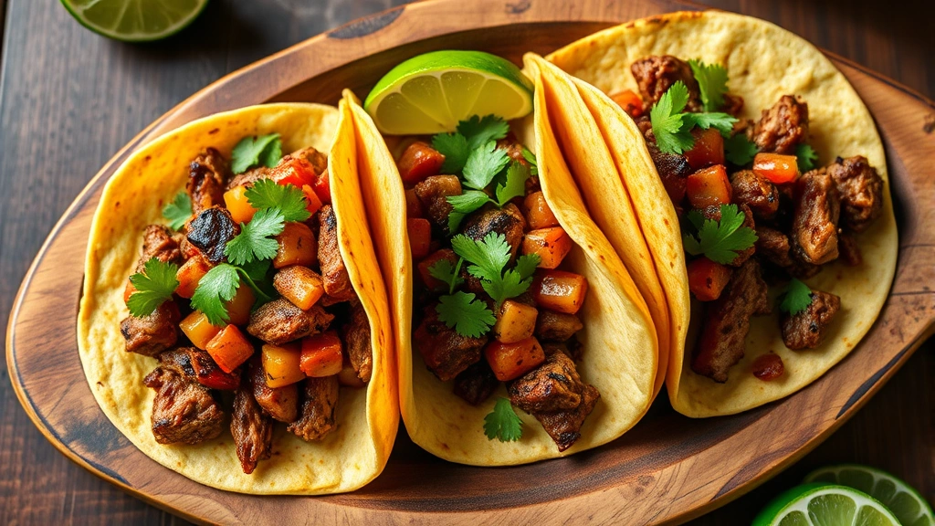 Overhead shot of vibrant carne asada tacos with charred meat, fresh cilantro, lime wedges, and warm corn tortillas on rustic wooden plate, steam rising, authentic Mexican restaurant setting