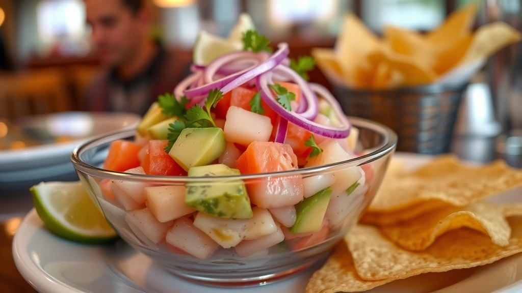 Artfully plated ceviche with fresh fish, diced avocado, red onion, cilantro in glass bowl, lime wedges, tostada chips on side, professional culinary presentation, warm restaurant ambiance