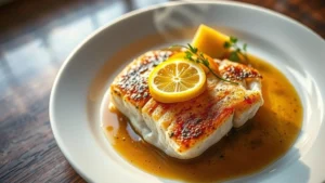 Pan-seared Gulf grouper with golden crispy skin, brown butter sauce, fresh lemon and citrus garnish on white ceramic plate, steam rising, professional food photography, warm coastal lighting, shallow depth of field