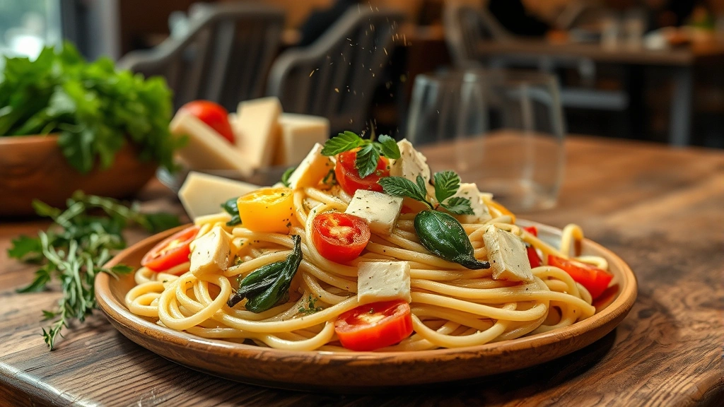 Handmade fresh pasta with seasonal vegetables, aged cheese, aromatic herbs, olive oil drizzle, rustic wooden surface, warm restaurant lighting, steam wisps visible, vibrant colors of vegetables