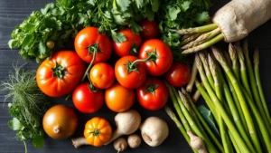 Overhead flat lay of seasonal vegetables—heirloom tomatoes, fresh herbs, spring asparagus, root vegetables arranged artfully on dark wood table with morning light, photorealistic, farmers market aesthetic