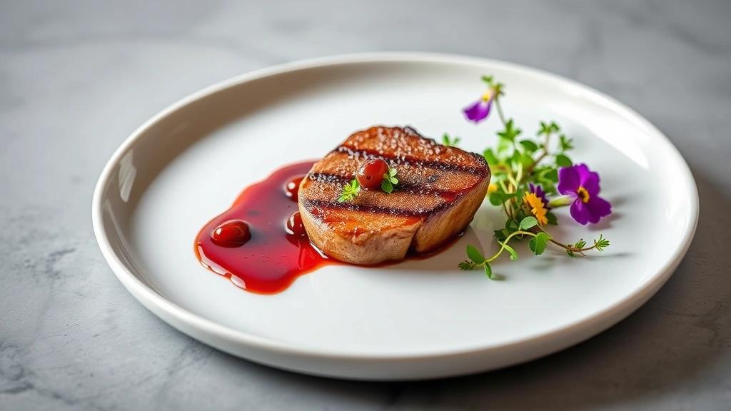 Plated fine dining course featuring perfectly seared duck breast with cherry gastrique, microgreens, edible flowers, artistic negative space on white ceramic plate, professional food photography
