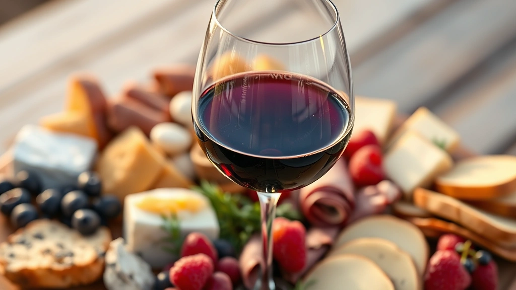 Close-up of wine glass filled with ruby Pinot Noir beside locally-sourced charcuterie board with artisanal cheeses, cured meats, fresh berries, crusty bread, warm golden hour lighting