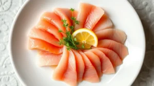 Overhead shot of pristine sashimi platter with thinly sliced raw fish arranged on white ceramic plate with subtle garnish of microgreens and citrus, showcasing vibrant color variation and texture detail