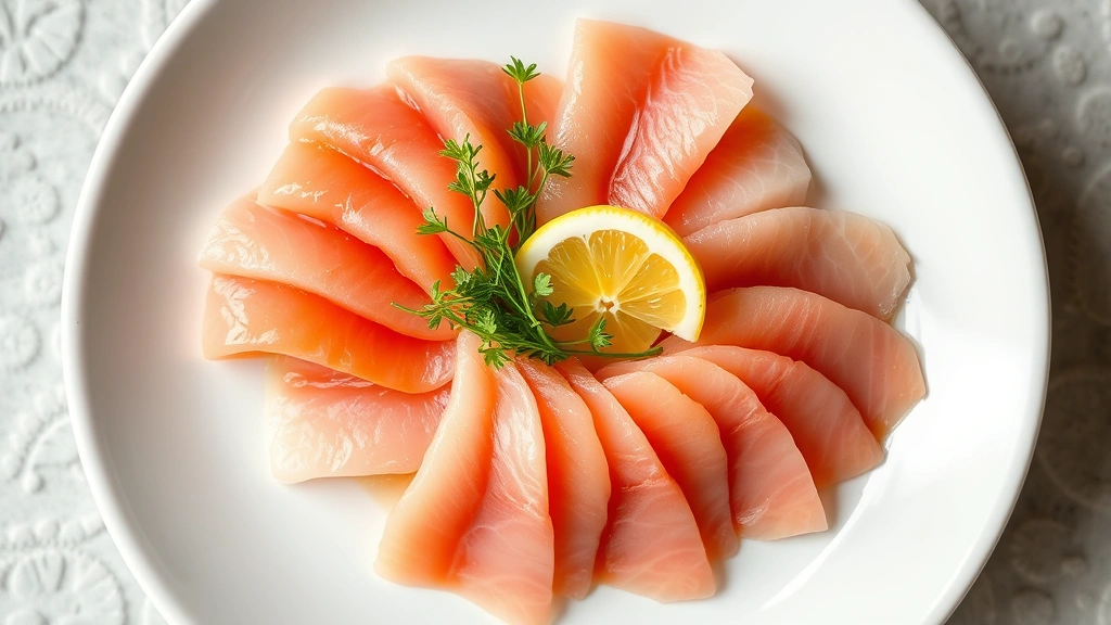 Overhead shot of pristine sashimi platter with thinly sliced raw fish arranged on white ceramic plate with subtle garnish of microgreens and citrus, showcasing vibrant color variation and texture detail