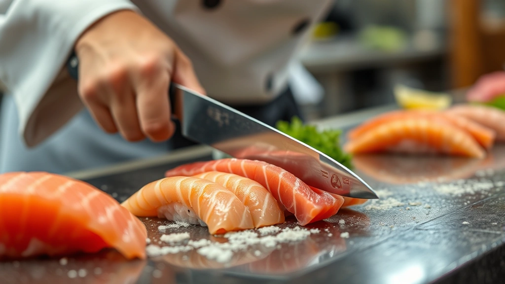 Close-up of skilled chef's hands using traditional Japanese knife to precisely slice fresh fish at sushi counter, demonstrating proper technique with sharp blade angle and controlled motion