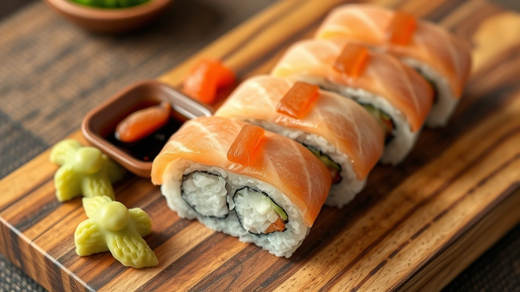 Artistic presentation of completed nigiri sushi pieces on wooden sushi board with wasabi, pickled ginger, and soy sauce in small ceramic dish, showing rice texture and fish topping arrangement