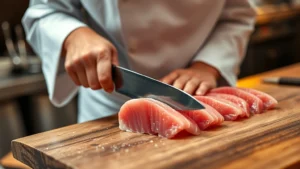 Master sushi chef at wooden counter carefully slicing fresh raw tuna with traditional Japanese knife, precise hand positioning, warm kitchen lighting reflecting off blade, detailed focus on knife technique and fish texture, professional culinary environment
