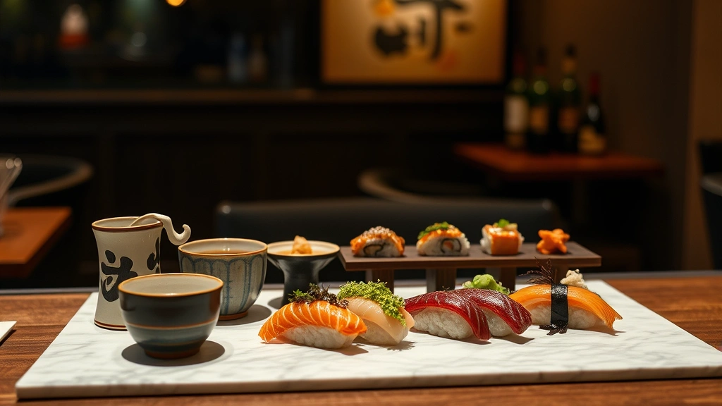 Traditional Japanese ceramic sake cups beside beautiful omakase progression display, multiple sushi pieces at different stages, artistic negative space arrangement, warm ambient lighting, contemplative dining atmosphere, sophisticated presentation
