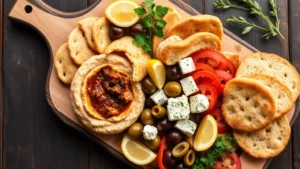 Overhead shot of vibrant Mediterranean mezze platter with olive tapenade, hummus, fresh pita bread, olives, and feta cheese on rustic wooden board with Mediterranean herbs and lemon wedges
