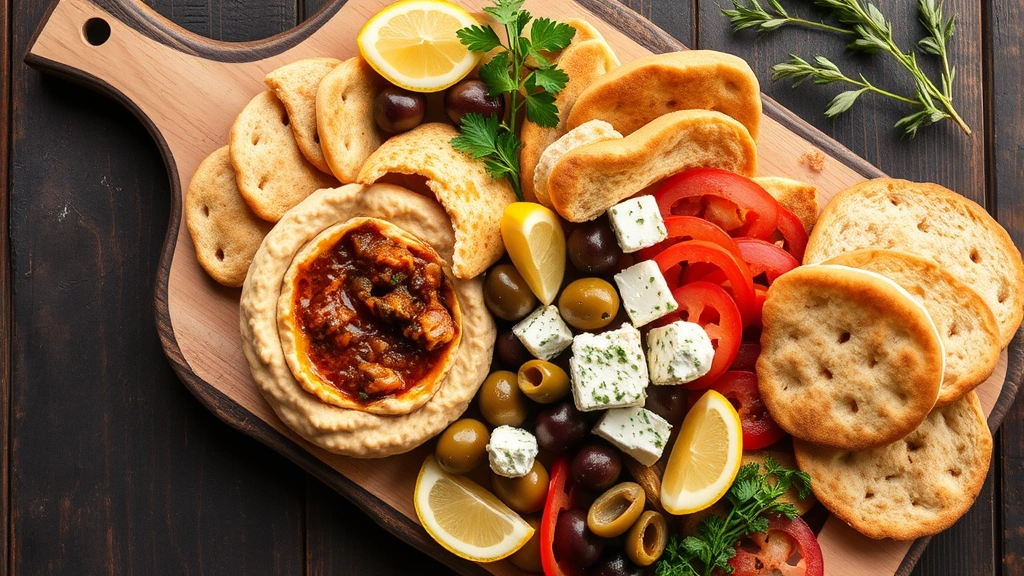 Overhead shot of vibrant Mediterranean mezze platter with olive tapenade, hummus, fresh pita bread, olives, and feta cheese on rustic wooden board with Mediterranean herbs and lemon wedges