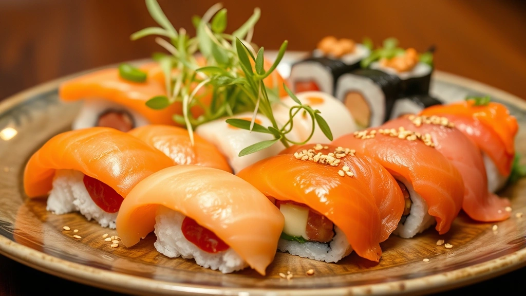 Plated sushi assortment featuring nigiri and rolls with fresh salmon, tuna, and vegetable components, artistic garnish with microgreens and sesame seeds, professional restaurant plating