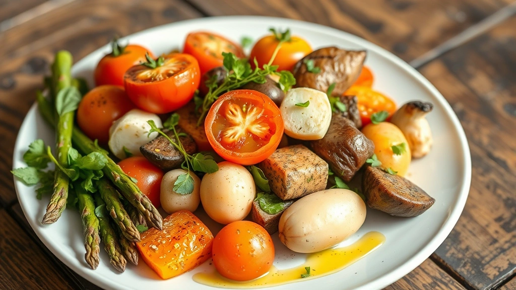 Farm-fresh seasonal vegetable medley including heirloom tomatoes, asparagus, and root vegetables arranged on white ceramic plate with herb oil drizzle and microgreens, natural lighting