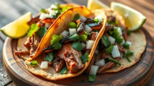 Close-up of perfectly charred carnitas tacos with caramelized edges, fresh cilantro, diced onions, and lime wedges on weathered wooden plate, warm afternoon lighting highlighting golden-brown meat texture and rendered fat