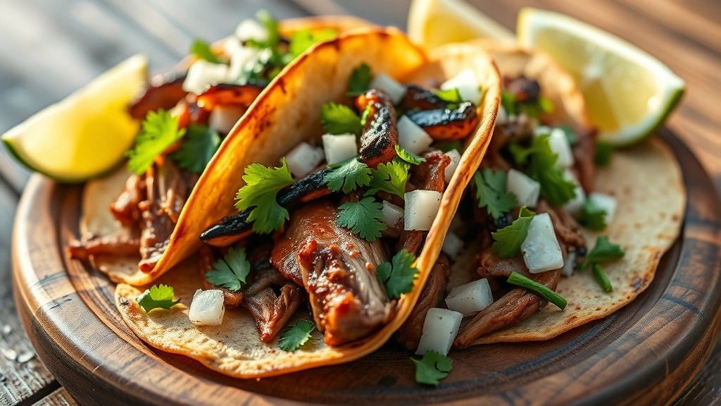 Close-up of perfectly charred carnitas tacos with caramelized edges, fresh cilantro, diced onions, and lime wedges on weathered wooden plate, warm afternoon lighting highlighting golden-brown meat texture and rendered fat