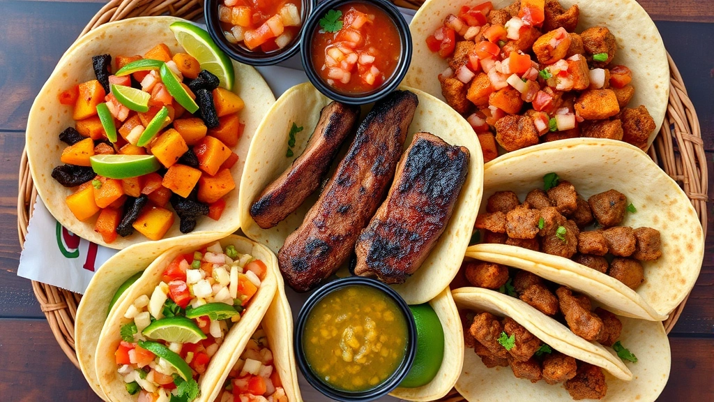 Overhead shot of assorted Santiago's tacos arrangement including al pastor with pineapple, carne asada with char marks, and barbacoa, surrounded by fresh pico de gallo, roasted poblano salsa, and warm corn tortillas in woven basket
