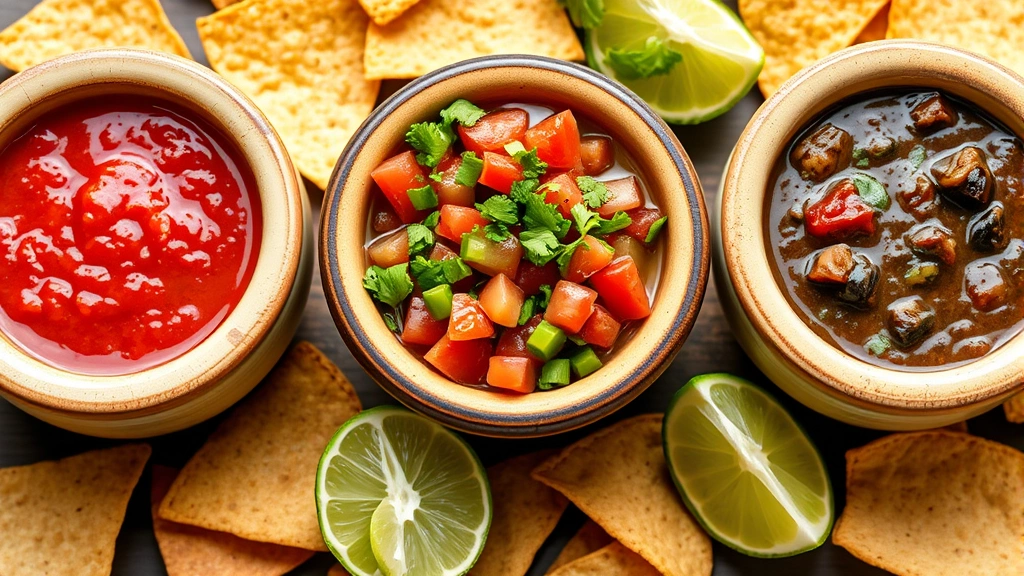 Vibrant salsa trio in traditional ceramic bowls showing bright red chile salsa, fresh pico de gallo with visible cilantro and tomato pieces, and smoky roasted poblano salsa, with crispy tortilla chips and lime halves beside them