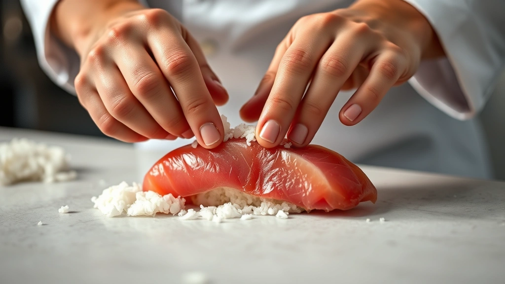 Chef's hands expertly shaping sushi rice with precise finger pressure over a piece of glistening fatty tuna, mid-action shot showing the technical skill and technique involved in sushi preparation, clean white chef's coat visible, minimalist kitchen background, shallow depth of field