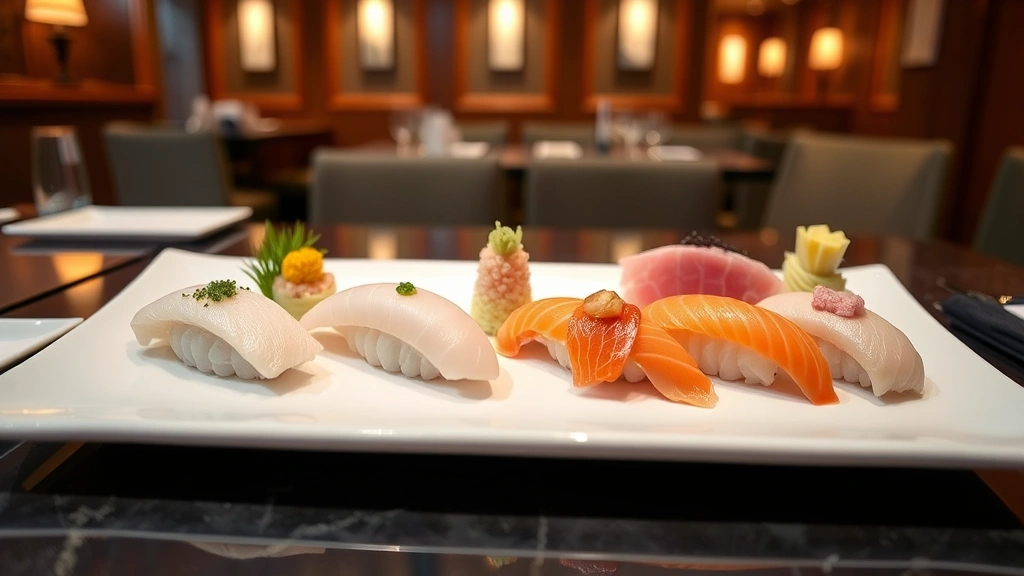 Elegant plated omakase course progression displayed on a white ceramic plate, featuring multiple varieties of nigiri including white fish, fatty tuna, and specialty items, each piece perfectly positioned showing color contrast and presentation artistry, professional restaurant photography with warm ambient lighting