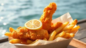 Golden-brown crispy fish and chips served in paper cone with fresh lemon wedge, ocean backdrop visible, natural daylight, appetizing food photography