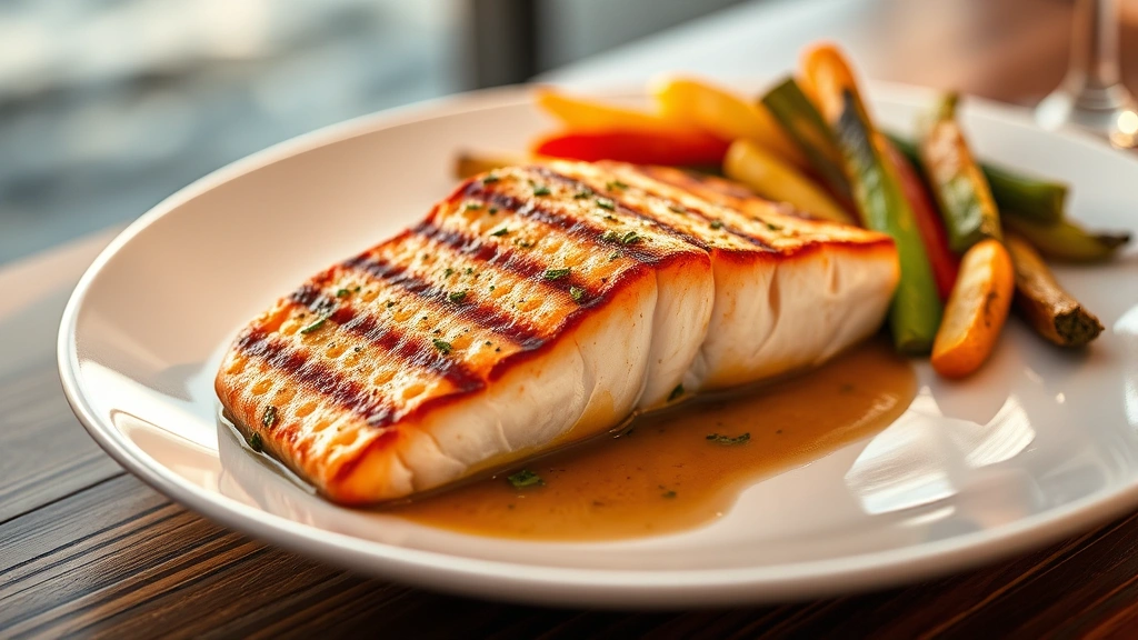 Grilled wild Pacific salmon fillet with herb-infused brown butter sauce, roasted seasonal vegetables, elegant white plate, sunset coastal lighting, fine dining presentation