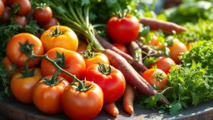 Close-up of seasonal farmers market produce display: vibrant heirloom tomatoes, purple carrots, fresh herbs, and microgreens arranged artfully on rustic wooden table with natural morning sunlight streaming across
