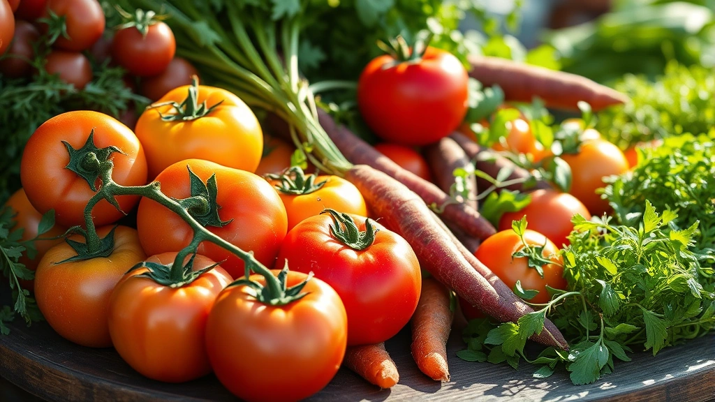Close-up of seasonal farmers market produce display: vibrant heirloom tomatoes, purple carrots, fresh herbs, and microgreens arranged artfully on rustic wooden table with natural morning sunlight streaming across