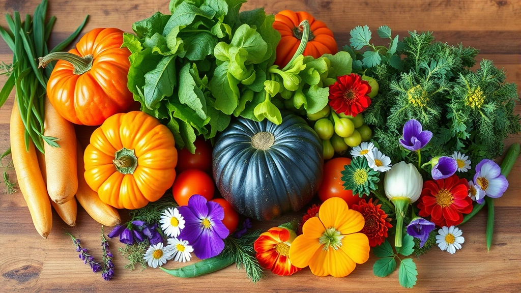 Farm-fresh heirloom vegetables arranged on wooden surface with aromatic herbs and edible flowers, morning light illuminating vibrant colors and textures of peak-season ingredients