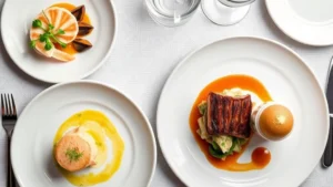 Overhead shot of an elegantly plated three-course Restaurant Week menu progression displayed on white ceramic plates, featuring a delicate seafood appetizer with microgreens, a perfectly seared protein with seasonal vegetables, and a refined dessert with gold leaf garnish, professional fine dining presentation