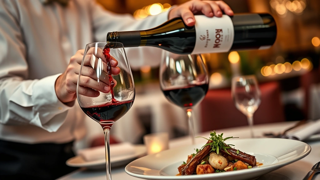 Close-up of a sommelier pouring California Pinot Noir wine into a crystal glass beside a gourmet plated dish at an upscale San Francisco restaurant, warm candlelit ambiance, showing the interaction between wine and food