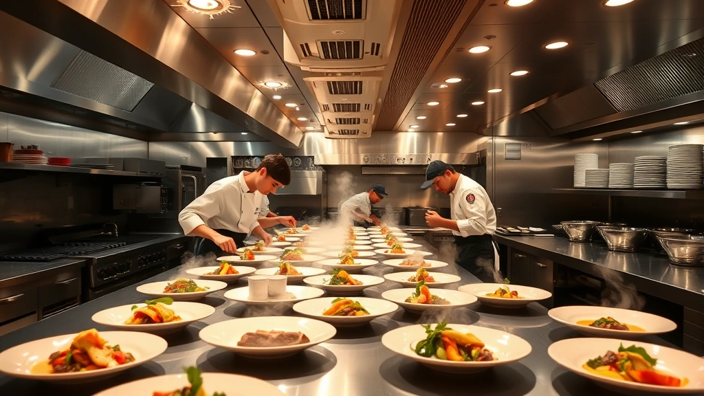 Bustling open kitchen view during dinner service at a contemporary San Francisco restaurant, chefs in white coats plating dishes with precision, steam rising, bright kitchen lights illuminating multiple plates in various stages of completion