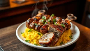 Overhead shot of perfectly charred koobideh kebabs arranged on white ceramic plate with saffron rice mound, fresh herbs scattered around, steam wisping upward, warm restaurant lighting, shallow depth of field focusing on meat's caramelized crust with juicy interior visible on cut piece