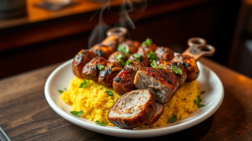 Overhead shot of perfectly charred koobideh kebabs arranged on white ceramic plate with saffron rice mound, fresh herbs scattered around, steam wisping upward, warm restaurant lighting, shallow depth of field focusing on meat's caramelized crust with juicy interior visible on cut piece