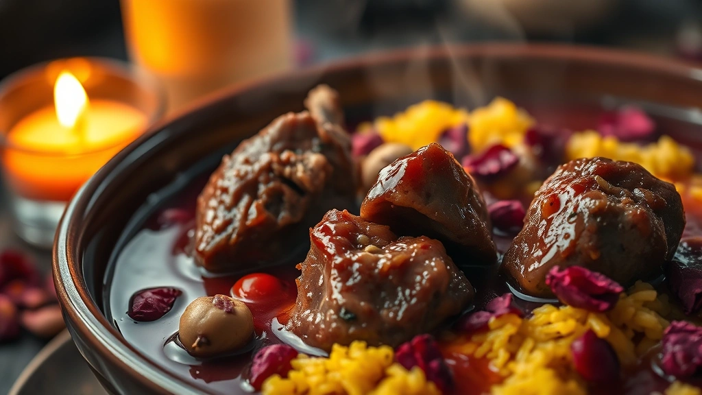 Close-up of steaming bowl of fesenjan stew showing glossy pomegranate-walnut sauce coating tender lamb pieces, with saffron rice visible in background, dried rose petals floating on surface, warm candlelit ambiance, rich burgundy and golden tones creating appetizing visual contrast