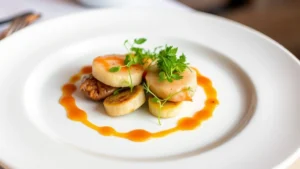 Gourmet plated signature dish with microgreens and sauce artistry, fine dining presentation on white plate, professional restaurant photography