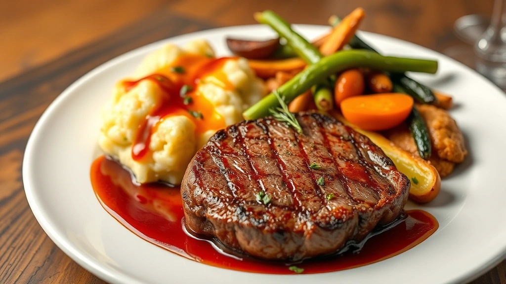 Perfectly cooked medium-rare beef steak with herb-infused red wine reduction sauce, creamy potato gratin, and sautéed seasonal vegetables arranged artfully on white plate, luxury restaurant plating