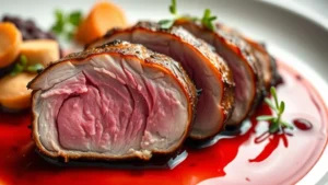 Close-up of perfectly seared duck breast with crackling skin, sliced to reveal rosy pink center, plated with cherry gastrique reduction and root vegetable purée, garnished with microgreens, soft natural lighting highlighting the glossy sauce and meat's texture