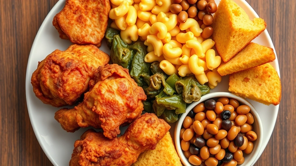 Overhead flat lay of a vibrant soul food plate featuring golden fried chicken with crispy skin, collard greens cooked until tender, creamy mac and cheese, cornbread wedges, and black-eyed peas, all artfully arranged on a white ceramic plate with shallow depth of field