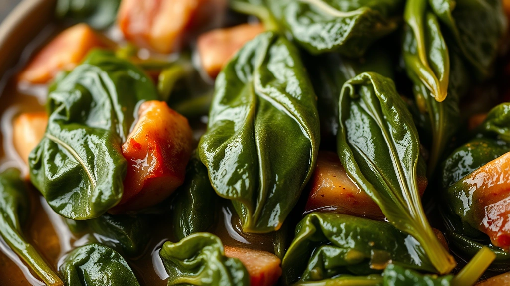 Close-up macro photography of steaming collard greens with visible smoky ham hock pieces and pot liquor sauce, showing individual leaf texture and glossy coating, warm lighting highlighting the deep green color and steam wisps