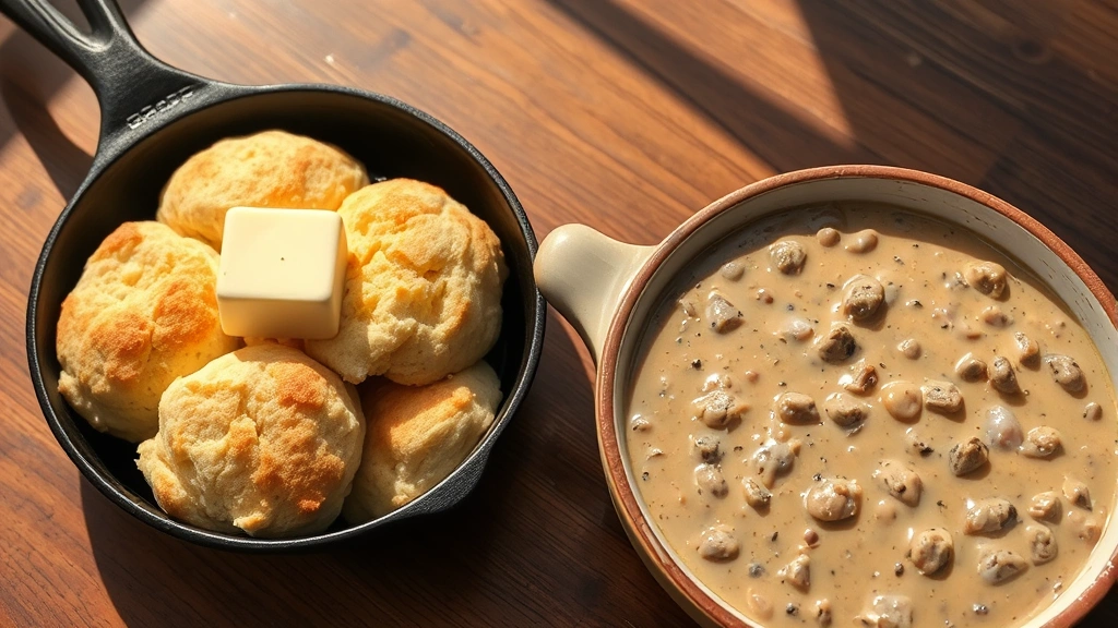Rustic wooden table setting with cast iron skillet containing biscuits with visible flaky layers, fresh butter melting on top, alongside a bowl of creamy sausage gravy with visible black pepper specks, soft natural window lighting creating warm shadows