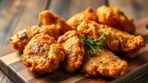 Crispy golden fried chicken pieces with crackling mahogany skin and fresh thyme garnish on rustic wooden cutting board, professional food photography with warm natural lighting and shallow depth of field
