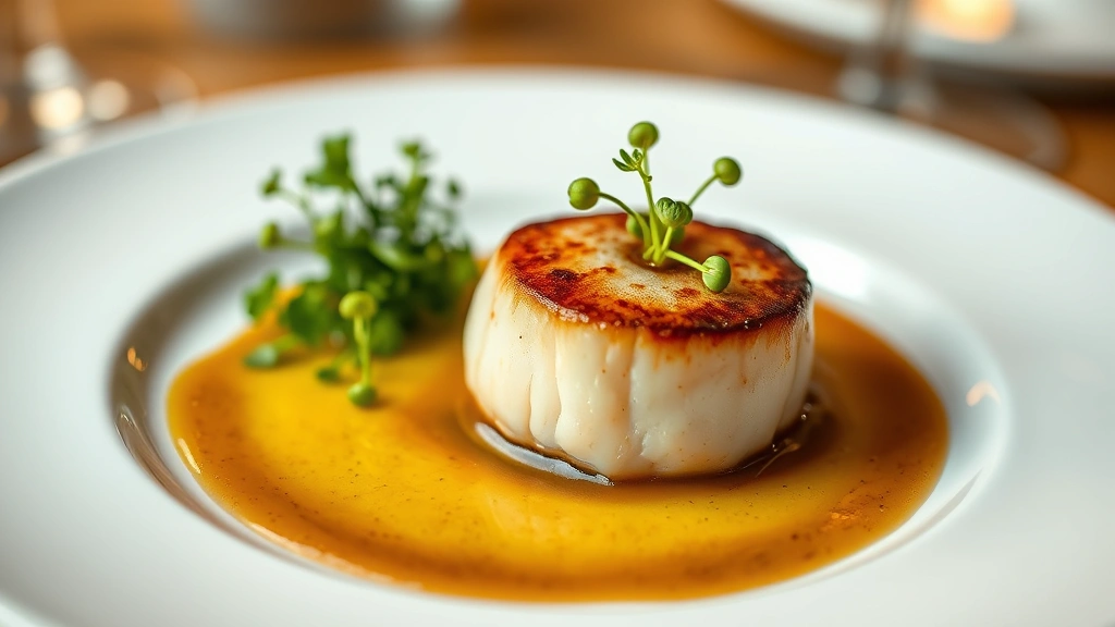 Perfectly seared scallop on white plate with brown butter sauce and microgreens, professional plating, warm restaurant lighting, shallow depth of field, close-up food photography